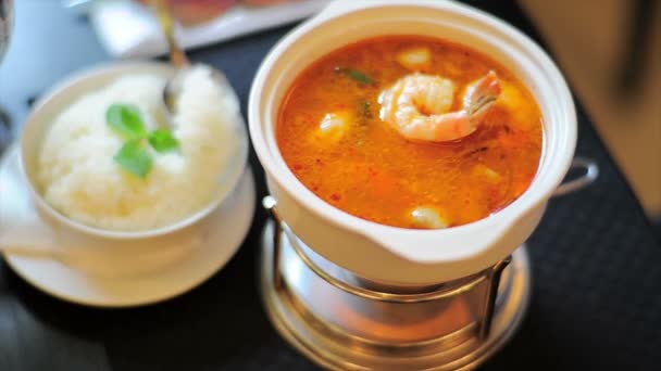 Restaurant Soup With Prawns — Stock Footage Restaurant Soup With Prawns Video Clip