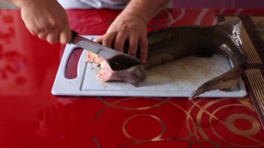 Adam bir balık yüzgeçleri keser