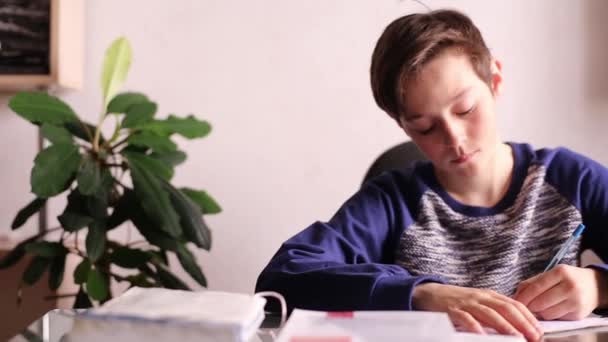 Мальчик делает домашнюю работу за столом — стоковое видео
