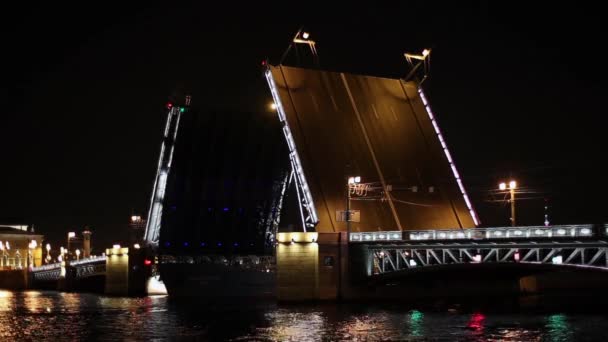 El puente del palacio y la barcaza en la noche — Vídeos de Stock