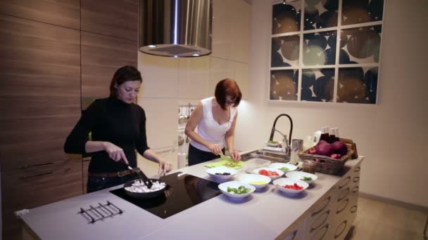 Las mujeres cocinan la cena en la cocina — Vídeo de stock