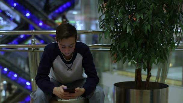 Niño sentado en la tienda cerca del árbol y el uso de teléfono inteligente — Vídeo de stock