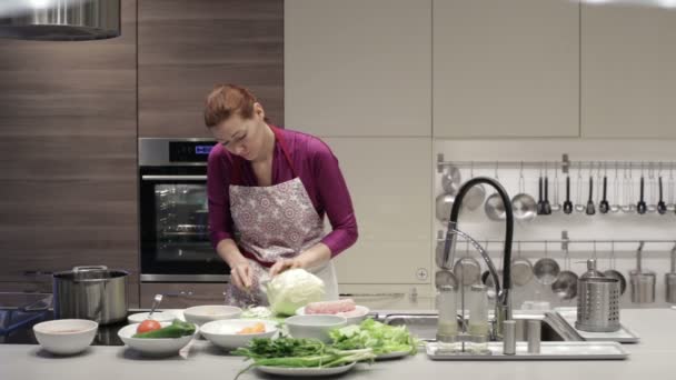 台所で女性にキャベツが細断処理 — ストック動画