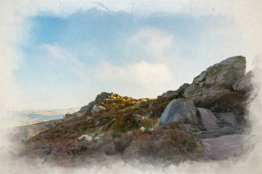 Staffordshire Tepesi Ulusal Parkı, İngiltere 'deki Hamamböcekleri' nde gün doğumunun dijital suluboya resmi..