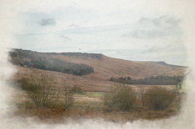 Kış boyunca Derbyshire Tepesi Ulusal Parkı 'ndaki Stanage Edge' de dijital resim paragliding.