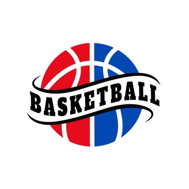 Dinamik bir senaryo afişi olan kırmızı ve mavi bir top içeren sonsuz basketbol logosu tasarımı. Amerikan basketbol kampları, spor malzemeleri ve geleneksel kulüp markaları için mükemmel..