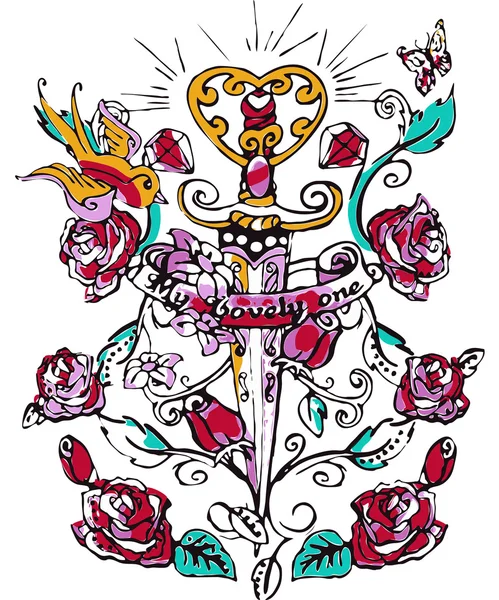 Tatuering design rosa vektor illustration — Stock vektor