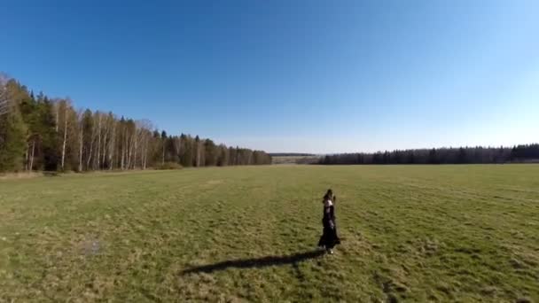 女の子は、フィールドを越えて歩きます。航空写真ビュー — ストック動画