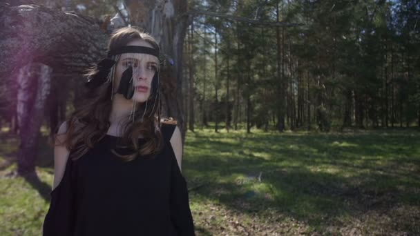 Schöne Mädchen in einem schwarzen Kleid geht in den Wald — Stockvideo