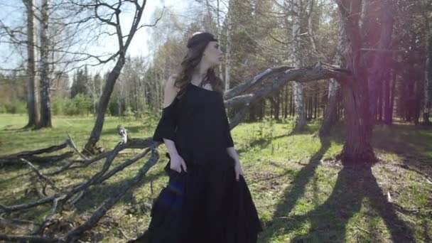 Bella ragazza cammina nel bosco. Rallentatore — Video Stock