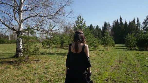 Una joven va al bosque. Movimiento lento — Vídeo de stock
