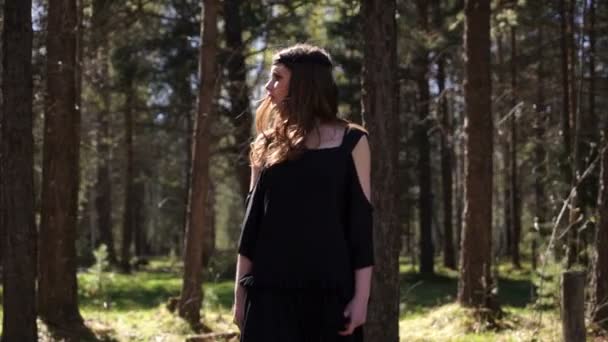 A beautiful girl walks through the woods — Stock Video