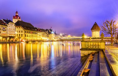 Lucerne, Switzerland. View over Reuss river to the old town and 