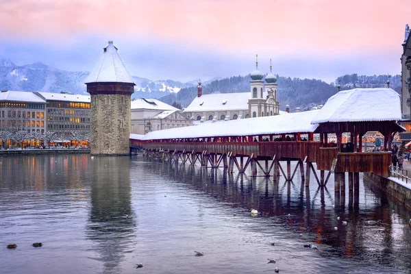 Lucerne, Switzerland, Chapel bridge, Water tower and Jesuit church — Zdjęcie stockowe