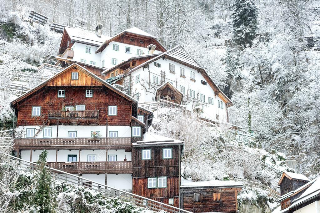 Traditional wooden houses in Alps mountains, Hallstatt, Austria