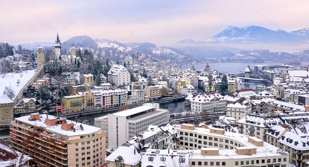 Lucerne, Switzerland, view of the old town, city wall towers, and Lake Lucerne