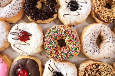 Top View DOnut with Various Topping, Concept Food Background 
