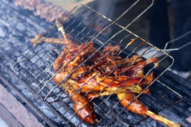 Kömür kullanarak Yakın Çekim Ayam Bakar veya Kızarmış Tavuk 