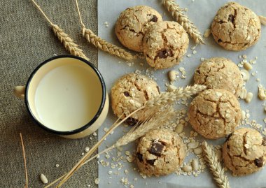 Bir rustik ahşap plaka, metal bir fincan süt ve kulakları ev yapımı bisküvi fotoğraf tahıl ile tarz