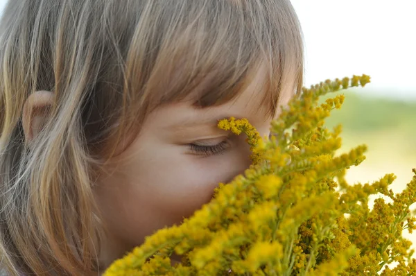 A little girl holding a bouquet of field summer flowers and smelling it with her eyes closed — Stock Photo, Image