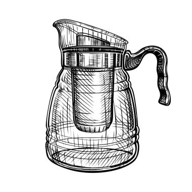 Çaydanlık. Oymalı bir şekilde çaydanlığın illüstrasyonunu çizmiş. Metal ve cam mutfak gereçleri. Beyaz arkaplanda siyah beyaz çizim