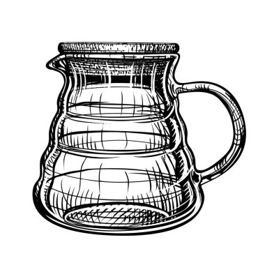Çaydanlık. Oymalı bir şekilde çaydanlığın illüstrasyonunu çizmiş. Cam, seramik mutfak aletleri. Beyaz arkaplanda siyah beyaz çizim