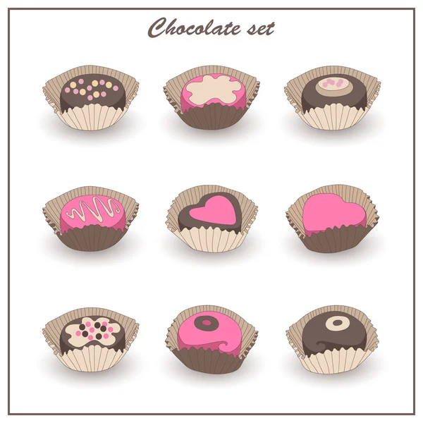 Шоколад вкусные сладости изолированные красочные иконы набор — стоковый вектор