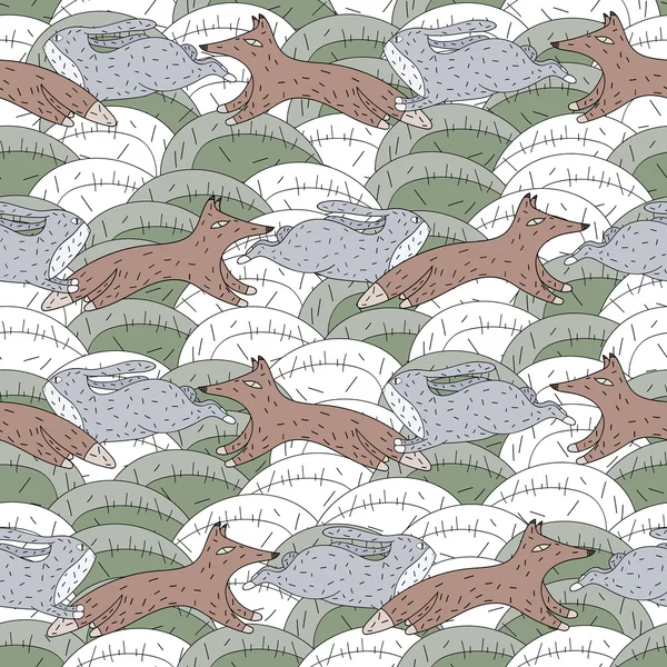 キツネとウサギの追求シームレスな背景パターン — ストックベクタ