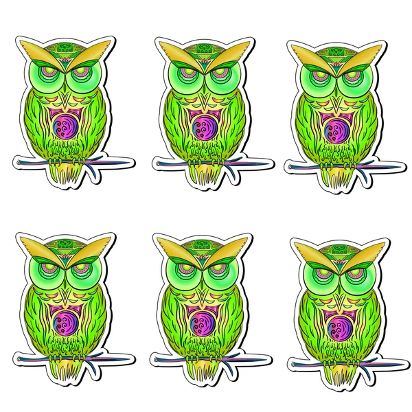 Sticker with bright, colorful owls — Stock Vector