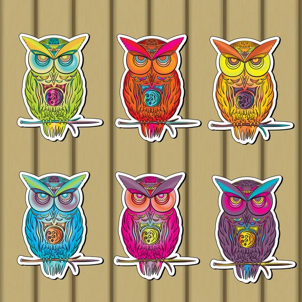 Owls sticker set of multicolored owls on wooden in vector — Stock Vector