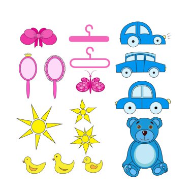 Yeni doğan bebek için sevimli çizgi simgeler kümesi. Bebek duş öğeleri. 