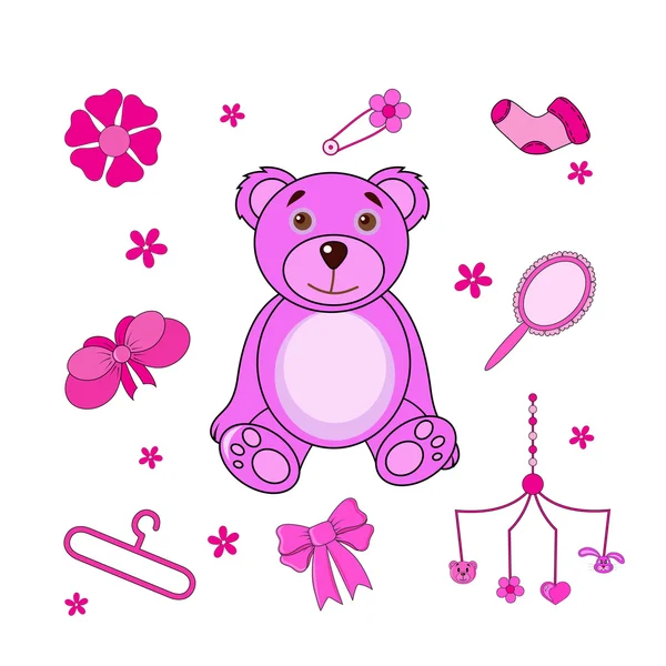 A set of cute cartoon icons for newborn baby girl. Baby shower elements. — Stockvector