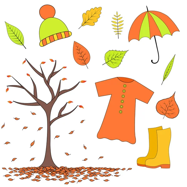Set éléments d'automne à partir de feuilles, bottes en caoutchouc, imperméable, parapluie chapeau — Image vectorielle