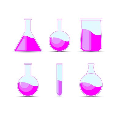 Kimyasal şişesi ayarlayın. Erlenmeyer flask, damıtma flask, volumetric flask, tüp bebek. Çan vektör çizim arka planı