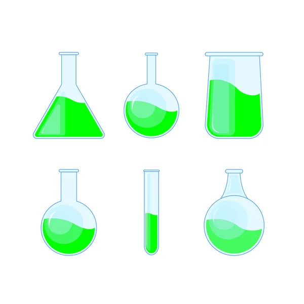 Chemische kolf instellen Conische kolf, distilleren kolf, maatkolf, reageerbuis. Vectorillustratie op de achtergrond van de bel — Stockvector