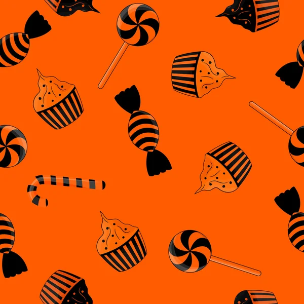 Modèle sans couture de bonbons Halloween noir et orange — Image vectorielle