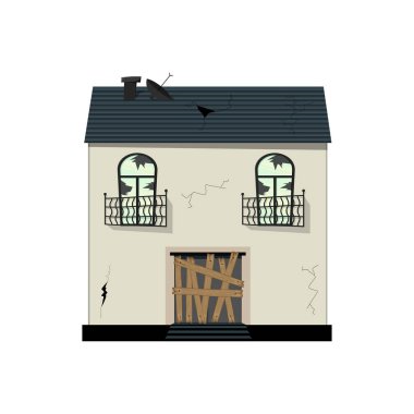 Tadilattan önce harap olmuş eski bir ev. Çizgi film tarzı. Vektör illüstrasyonu