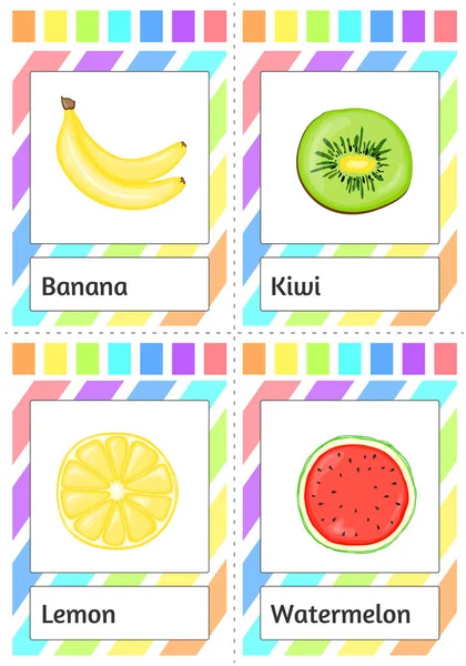 Karty pro děti na studium ovoce. Kreslený styl. Vektorová ilustrace. — Stockový vektor