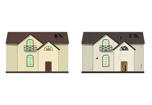 Casa de um andar antes e depois do reparo. Estilo dos desenhos animados. Ilustração vetorial. — Vetor de Stock
