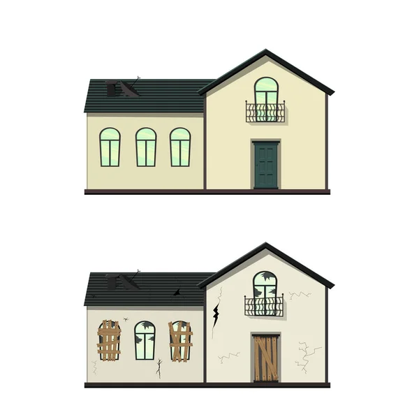 Μονοκατοικία πριν και μετά την επισκευή. Στυλ καρτούν. Εικονογράφηση διανύσματος. — Διανυσματικό Αρχείο