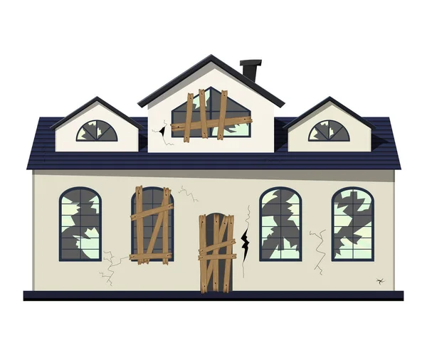 Uma velha casa em ruínas de um andar antes da renovação. Estilo dos desenhos animados. Ilustração vetorial. — Vetor de Stock