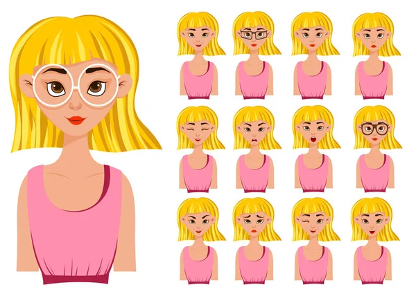 设置一个具有不同面部表情和情感的女性角色 卡通风格 矢量说明 — 图库矢量图片