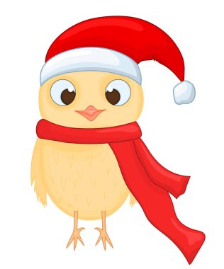 Noel Baba şapkalı ve atkılı baykuş. Yeni yıl ve Noel için kartpostal. İzole nesneler beyaz zemin üzerinde kuş. Metin için şablon ve tebrikler