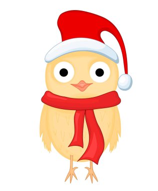 Noel Baba şapkası ve atkısıyla baykuşu şaşırttı. Yeni yıl ve Noel için kartpostal. İzole nesneler beyaz zemin üzerinde kuş. Metin için şablon ve tebrikler