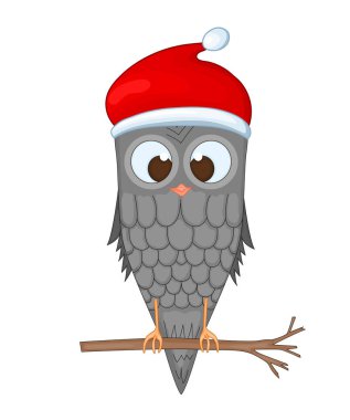 Noel Baba şapkası takan baykuş. Yeni yıl ve Noel için kartpostal. İzole nesneler beyaz zemin üzerinde kuş. Metin için şablon ve tebrikler.