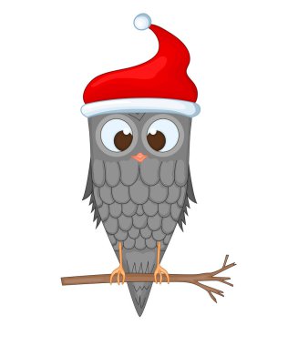 Noel Baba şapkası takan baykuş. Yeni yıl ve Noel için kartpostal. İzole nesneler beyaz zemin üzerinde kuş. Metin için şablon ve tebrikler.