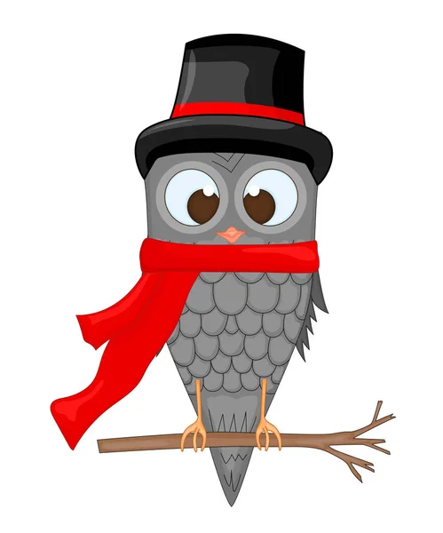 Gufo sul ramo con cappello e sciarpa. cartolina per il nuovo anno e Natale. Oggetti isolati uccello su sfondo bianco. Modello per testo e congratulazioni. — Vettoriale Stock