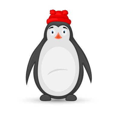 Şapkalı kutup pengueni. Yeni yıl ve Noel için kartpostal. Beyaz arkaplandaki izole nesneler. Metin için şablon ve tebrikler