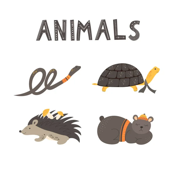 かわいい動物と銘文スカンディナヴィア風の動物 手描きベクトルイラスト — ストックベクタ