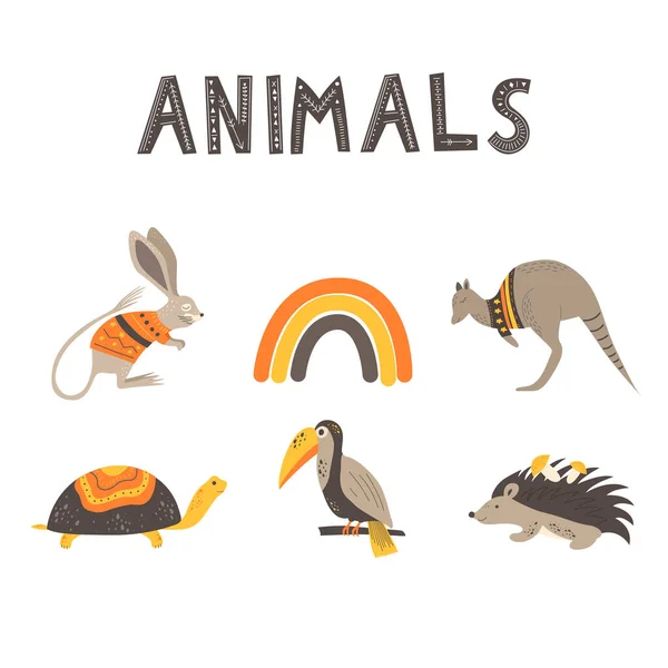 かわいい動物と銘文スカンディナヴィア風の動物 手描きベクトルイラスト — ストックベクタ